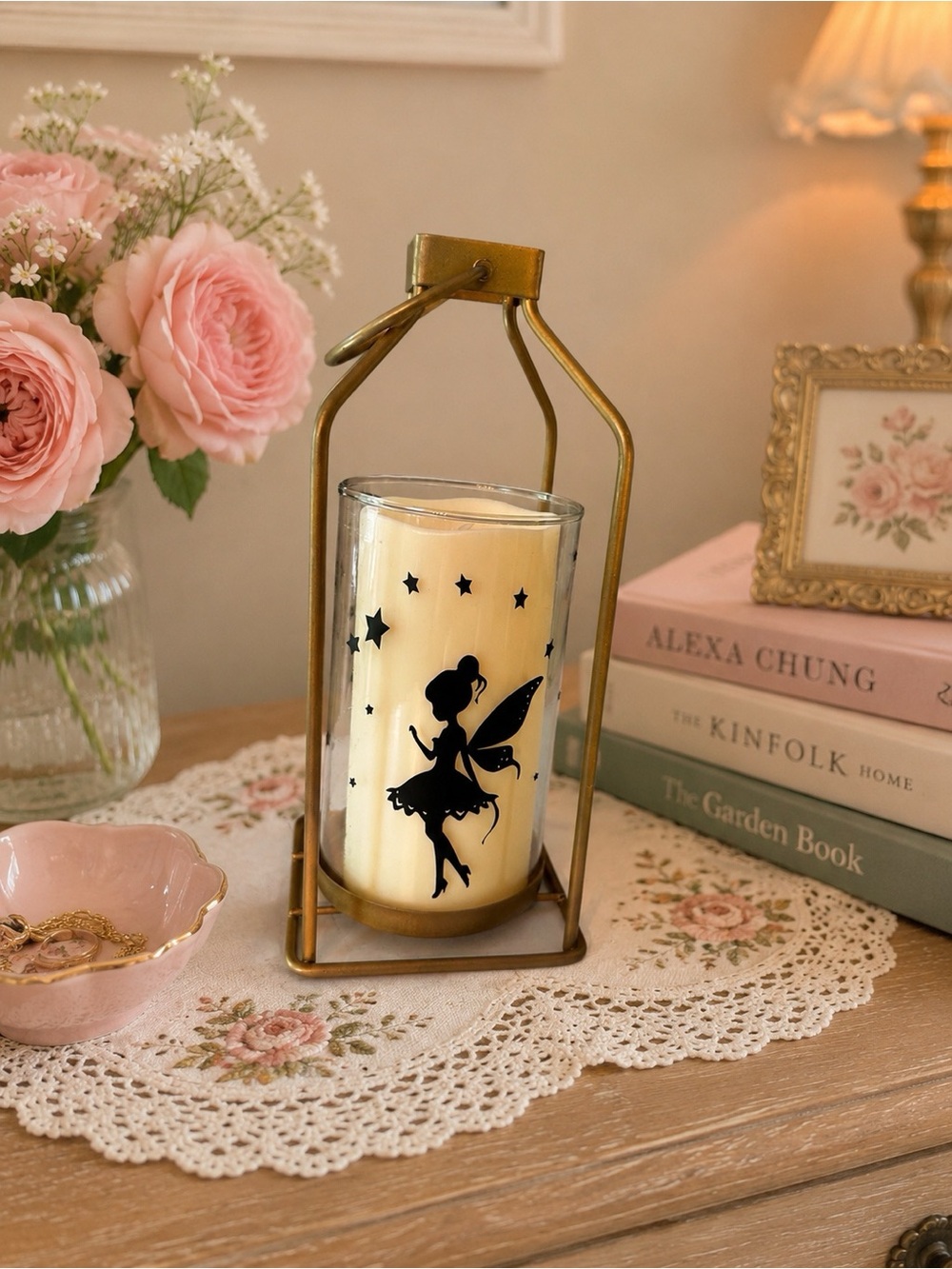 Gold Metal Lantern with Fairy Candle - Cream battery operated Candle